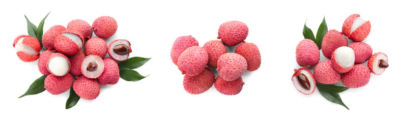 Set of delicious fresh lychees on white background, top view. Banner design