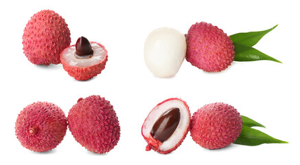 Set of delicious fresh lychees on white background. Banner design