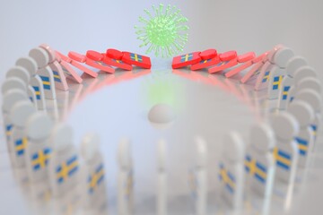 Coronavirus breaks chain of tiles with flag of Sweden, domino effect. COVID-19 pandemic related conceptual 3D rendering