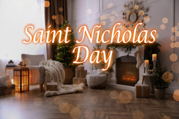 Saint Nicholas Day. Stylish room interior with fireplace and beautiful Christmas tree