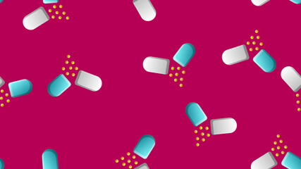 Endless seamless pattern of medical scientific medical items, pharmacological tablets and medications, pill capsules on a purple background. illustration