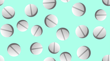 Endless seamless pattern of medical scientific medical items, pharmacological tablets and medications, pill capsules on a green background.  illustration