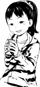 cute girl drink hot coffe sketch illustration anime manga style