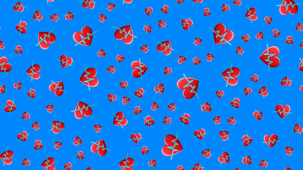 Endless seamless pattern of medical scientific medical objects of hearts with a cardiogram and pulse on a blue background. illustration