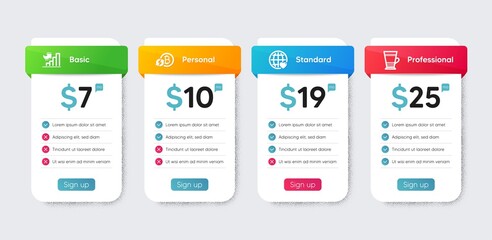 Flat icons set. Price table chart, business plan template. Included icon as Double latte, Refresh bitcoin, International love signs. Growth chart flat icons. Vector