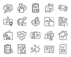 Technology icons set. Included icon as Accounting report, Technical info, Megaphone box signs. Refresh mail, Certificate, Puzzle symbols. Contactless payment, Recycle, Video file. Cogwheel. Vector