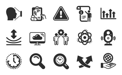 Speaker, Manual doc and Safe planet icons simple set. Employees teamwork, Resilience and Intersection arrows signs. Cloud storage, Atom and Prescription drugs symbols. Flat icons set. Vector