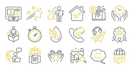 Set of Technology icons, such as Vip internet, Internet documents, Augmented reality symbols. Timer, Share call, Paper plane signs. Engineering team, Smile chat, Search map. Bitcoin atm. Vector
