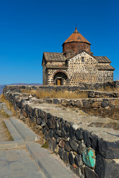 Scenic view of an old Sevanavank church in Sevan, on sunny day