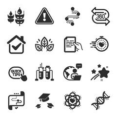 Set of Science icons, such as 360 degree, Chemistry dna, Timeline symbols. Hold document, Atom, Organic tested signs. Gluten free, Chemistry beaker, Quick tips. Throw hats, Timer. Vector
