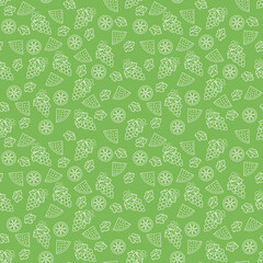 Seamless pattern of juicy grapes, slices of watermelon and lemon. This fruit design for your business projects. Ideal for fabrics and decor. Beautiful vector background.