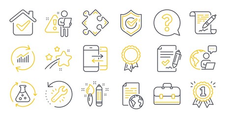 Set of Education icons, such as Confirmed, Strategy, Portfolio symbols. Approved agreement, Agreement document, Reward signs. Update data, Recovery tool, Phone communication. Creativity. Vector