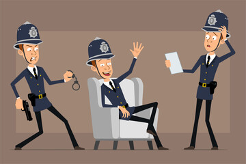 Cartoon flat funny british policeman character in blue helmet hat and uniform. Boy holding pistol with handcuffs and reading document. Ready for animation. Isolated on brown background. Vector set.