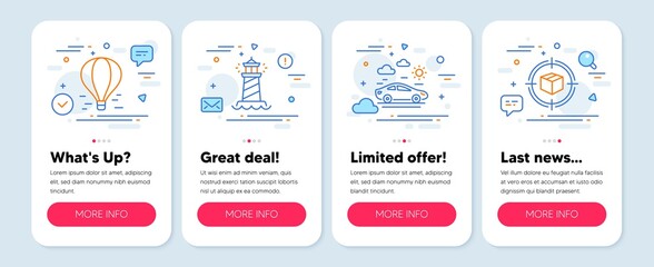 Set of Transportation icons, such as Air balloon, Lighthouse, Car travel symbols. Mobile app mockup banners. Parcel tracking line icons. Flight travel, Searchlight tower, Transport. Vector