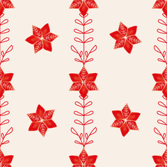 Vector red flower poinsettia ecru seamless pattern