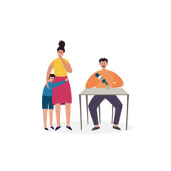 Unhappy family with man with bad habits, alcohol addiction a vector illustration