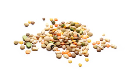 Mixed legumes and cereals, peeled barley, green, yellow and dark red lentil, half green peas, black white beans, green beans isolated on white background