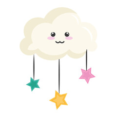cloud with stars hanging kawaii character vector illustration design