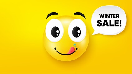 Winter Sale. Yummy smile face with speech bubble. Special offer price sign. Advertising Discounts symbol. Yummy smile character. Winter sale speech bubble icon. Yellow face background. Vector