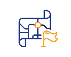 Flag on map line icon. Goal destination sign. Location pin symbol. Quality design element. Line style destination flag icon. Editable stroke. Vector