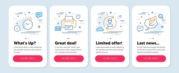 Set of Business icons, such as Human resources, Printer, Time symbols. Mobile app mockup banners. Copyright chat line icons. Update profile, Printing device, Clock. Speech bubble. Vector