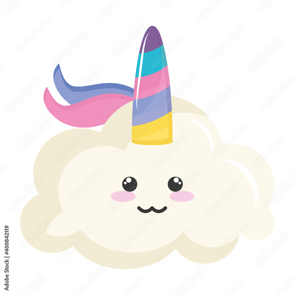 Poster cute cloud with unicorn horn kawaii character vector illustration design