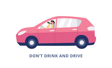 Banner demanding no drinking and driving with drunk woman vector illustration.