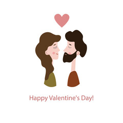 A guy and a girl in love look at each other. Isolated over white background. Vector illustration for Valentine's Day.