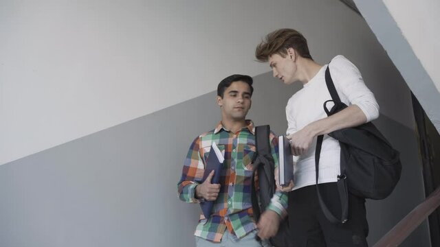 Two confident smart high school students standing on stairs and discussing classwork or homework. Portrait of handsome Caucasian teenage friends talking in corridor indoors. Education and lifestyle.