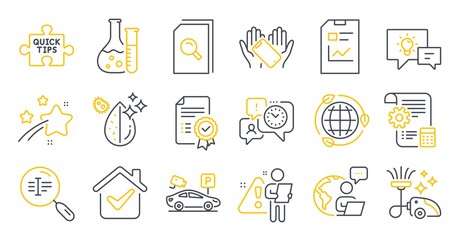 Set of Technology icons, such as Vacuum cleaner, Smartphone holding, Search text symbols. Settings blueprint, Report document, Quick tips signs. Certificate, Idea lamp, Parking security. Vector
