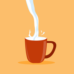 Milk splashes into a red mug. Vector flat illustration