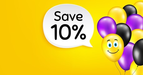 Save 10 percent off. Smile balloon vector background. Sale Discount offer price sign. Special offer symbol. Birthday balloon background. Discount speech bubble. Celebrate yellow banner. Vector