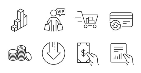 Document, 3d chart and Shopping cart line icons set. Download arrow, Receive money and Change card signs. Vip shopping, Banking money symbols. Quality line icons. Document badge. Vector
