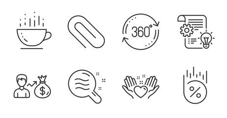 Paper clip, Coffee cup and Sallary line icons set. Loan percent, Hold heart and Cogwheel signs. Skin condition, Full rotation symbols. Attach paperclip, Hot drink, Person earnings. Vector