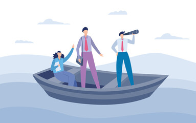 Business people and leader with spyglass sailing on boat a vector illustration