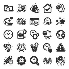 Time management icons. Alarm clock, timer plan and project deadline signs. Countdown clock, time log and appointment reminder icons. People work, watch and office timer. Flat icon set. Vector