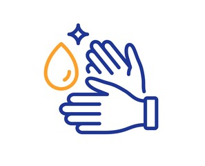Wash hands line icon. Covid hygiene sign. Clean washing symbol. Quality design element. Line style wash hands icon. Editable stroke. Vector