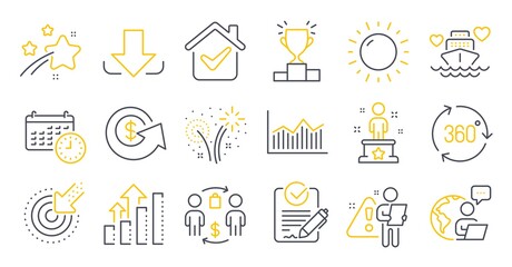 Set of Business icons, such as Honeymoon cruise, Money diagram, Rfp symbols. Dollar exchange, Buying process, Download signs. Analysis graph, Winner podium, Targeting. Calendar, 360 degree. Vector