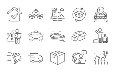 Return parcel, Parcel shipping and Lighthouse line icons set. Truck delivery, Packing boxes and Taxi signs. Eu close borders, Push cart and Search car symbols. Line icons set. Vector
