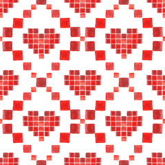 seamless pattern with red pixel hearts. Hand painted watercolor squares for st valentines day postcard, patttern, love concept. Ornament on white background