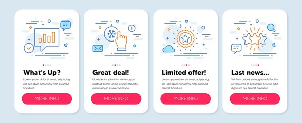 Set of Business icons, such as Winner star, Freezing click, Analytical chat symbols. Mobile screen app banners. Star line icons. Best award, Air conditioner, Communication speech bubble. Vector