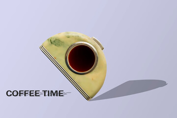 its coffee time, hot drink in the vintage clock isolated on pastel color background, creative idea