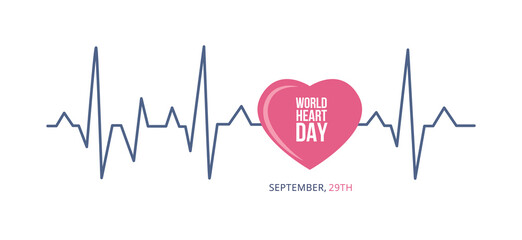 Vector illustration of concept world heart day with heartbeat line, heart, text.