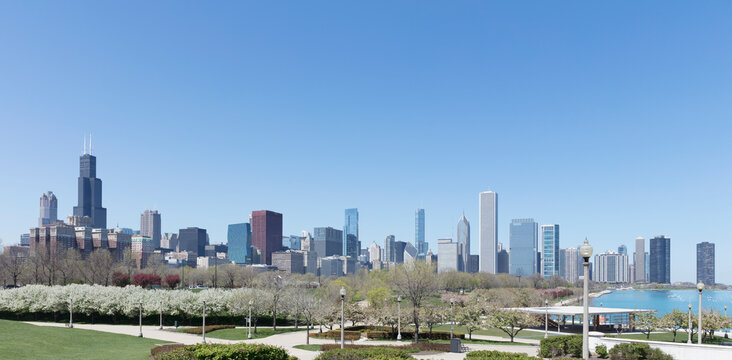 Tall building seen from Grant Park, Chicago, USA