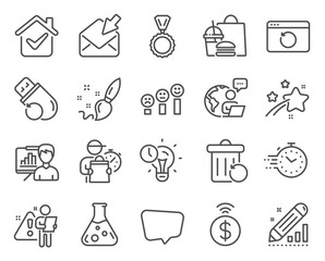 Education icons set. Included icon as Presentation board, Medal, Open mail signs. Edit statistics, Chemistry lab, Paint brush symbols. Flash memory, Contactless payment, Recovery trash. Vector