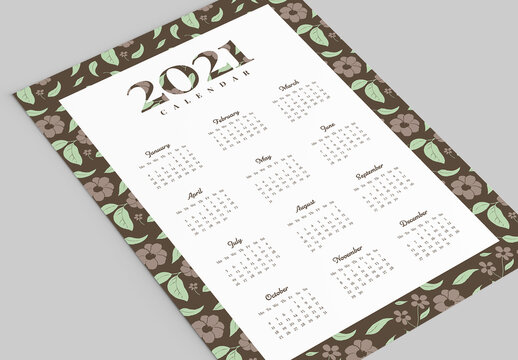 2021 Calendar Layout with Leaf Flower Pattern Elements