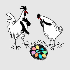 Happy easter. Hen, rooster and nest with Easter eggs. Hand drawn vector illustration isolated on white. Happy Easter card design. Cartoon style