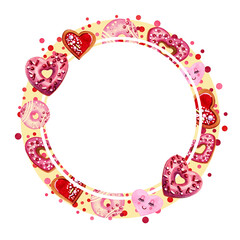 Round watercolor frame with sweets and confetti. Design idea for postcards, menus, posters. Hand drawing