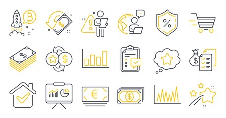 Fototapeta na wymiar Set of Finance icons, such as Loyalty points, Presentation, Checklist symbols. Loyalty star, Delivery shopping, Line graph signs. Euro currency, Report diagram, Payment. Loan percent. Vector