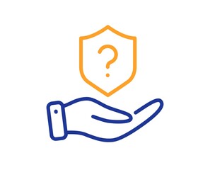 Protection shield line icon. Helping hand sign. Question mark symbol. Quality design element. Line style protection shield icon. Editable stroke. Vector